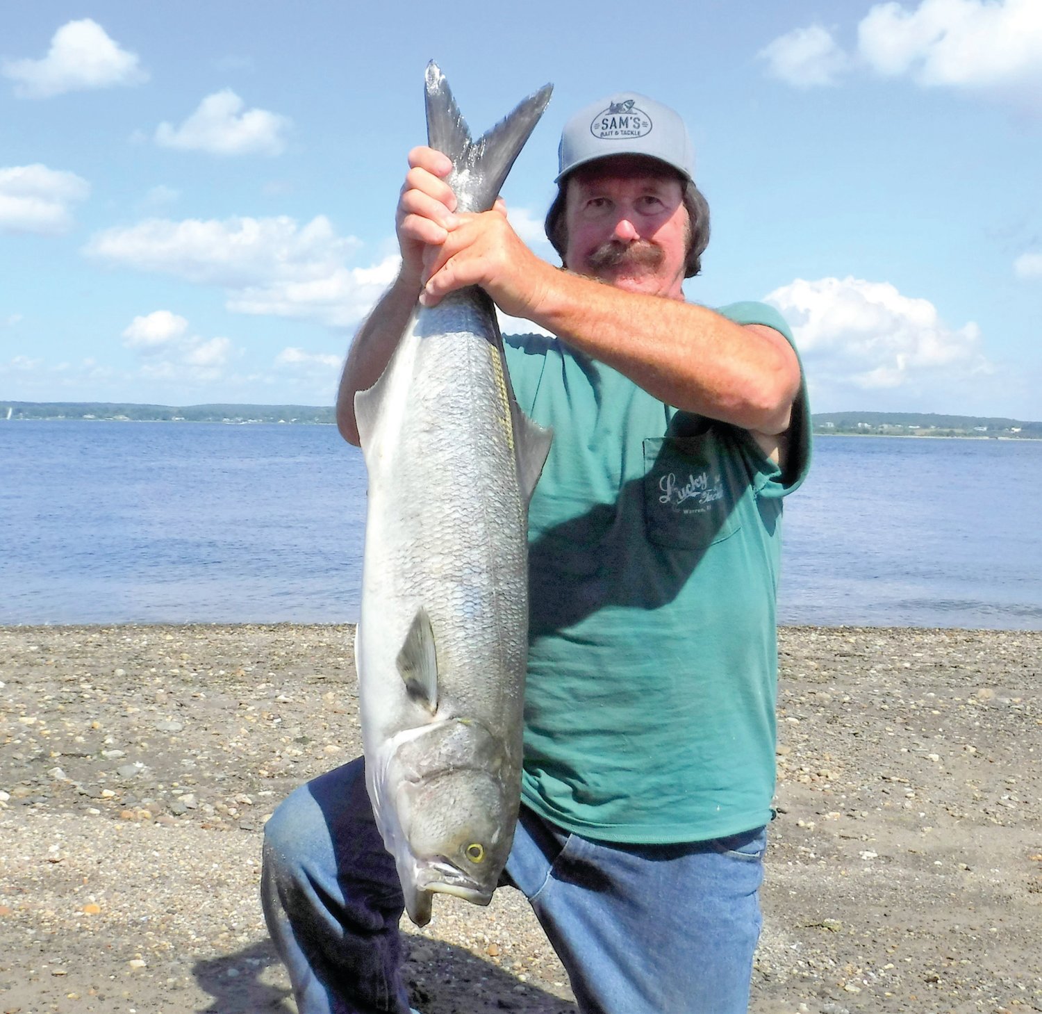 BIG BLUE: John Migliori of Aquidneck Island with the 34 inch, 13 pound, 2 once bluefish he caught on an Atlantic menhaden chuck last week.