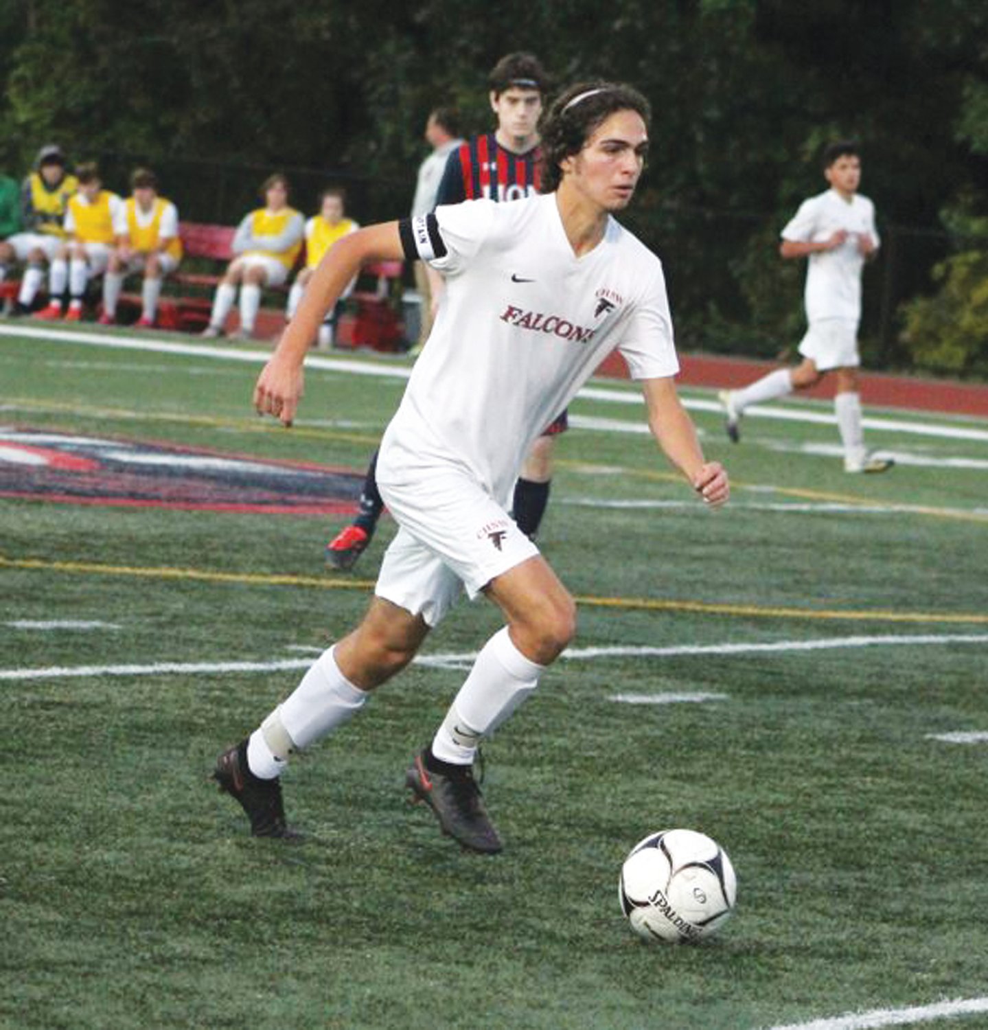 STATEMENT WIN: Cranston West’s Jordan Thibodeau dribbles the ball up the field last week when the Falcons traveled to Lincoln to square off against the Lions. The Falcons pulled off the upset with a 2-1 victory to hand Lincoln its first loss of the season.