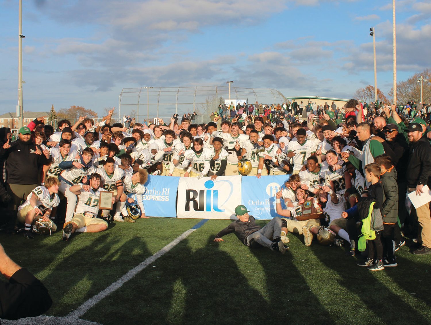 CHAMPS AGAIN: The Bishop Hendricken football team after winning the state championship over La Salle.