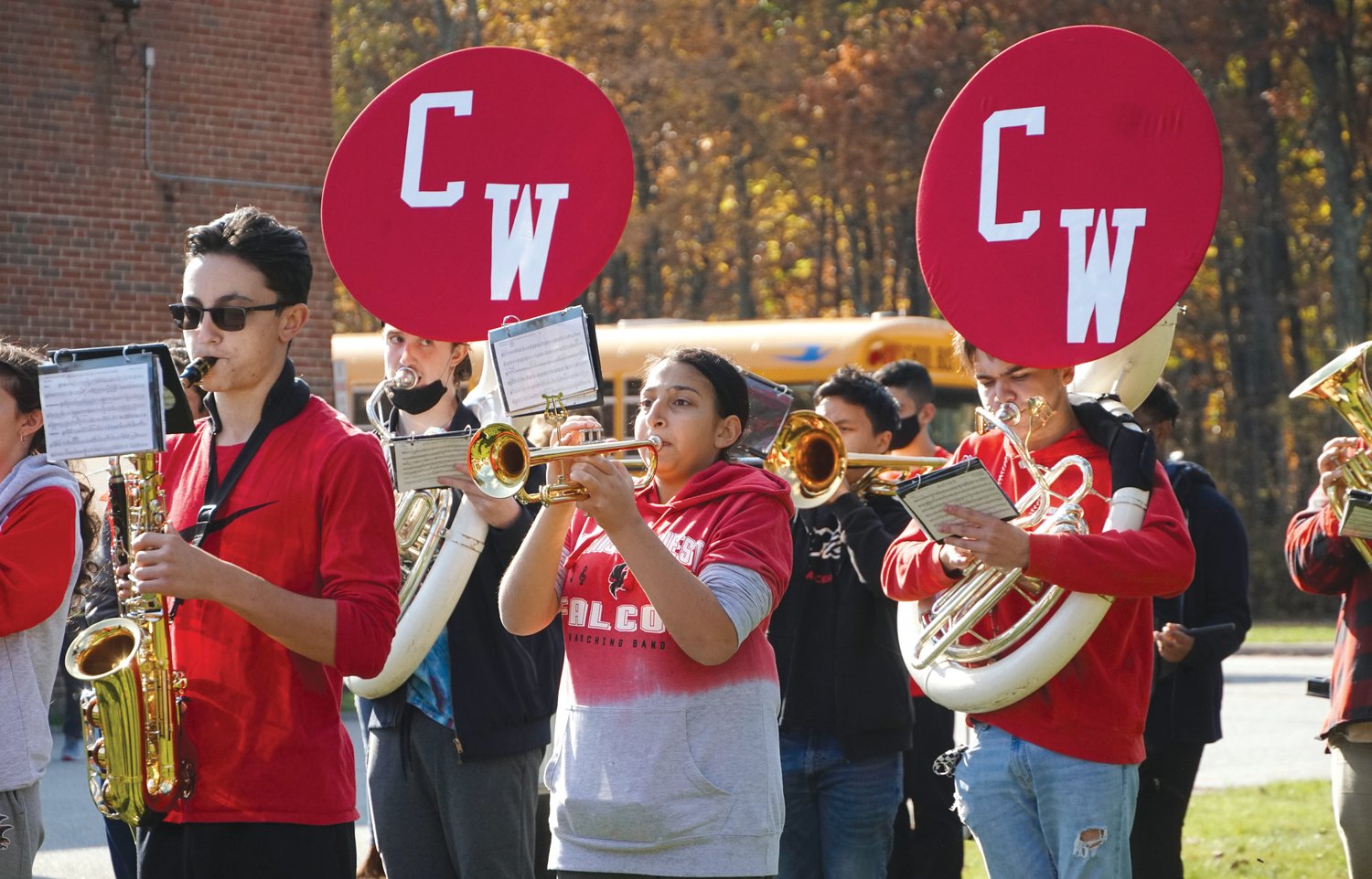 SONGS FOR THE OCCASIONS: Members of the Cranston
West Falcon Band entertain the crowd with patriotic songs
during Glen Hills' Veterans Day Celebration on November 10.
The event's honored guests were loved ones of students who
serve or served in some branch of the armed forces
