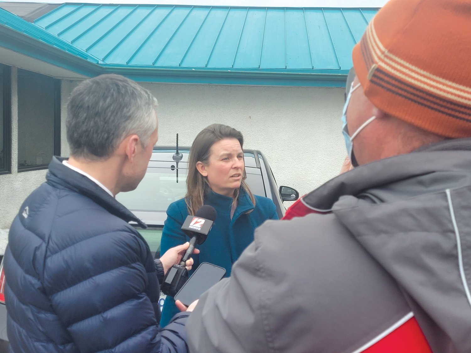 ATWOOD GRILLED. Congressional candidate Joy Fox stopped by the Atwood Grill in Johnston Tuesday afternoon. She fielded questions from local media outside the restaurant 
before entering.