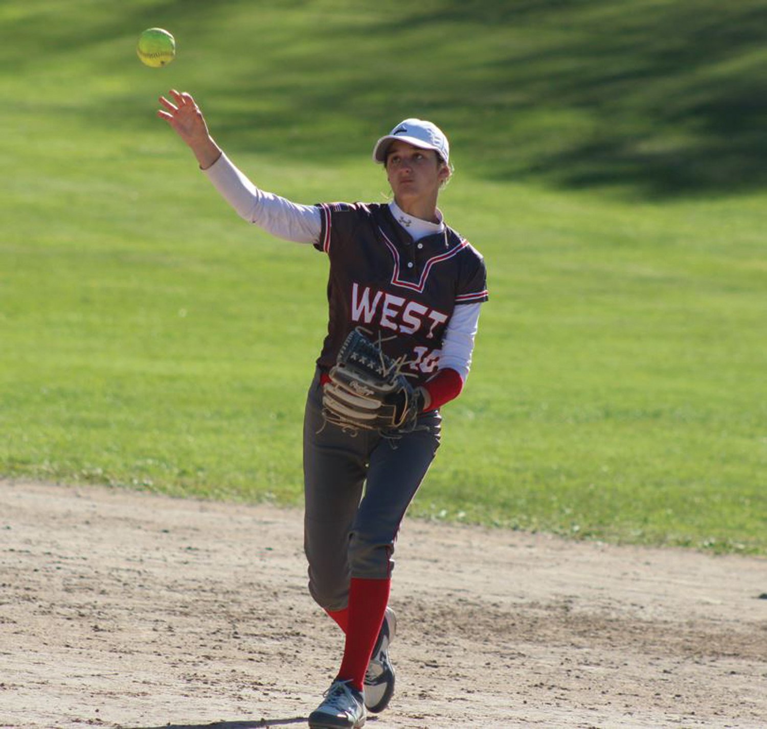 MAKING THE PLAY: Sophia Crudale makes a play to first base.