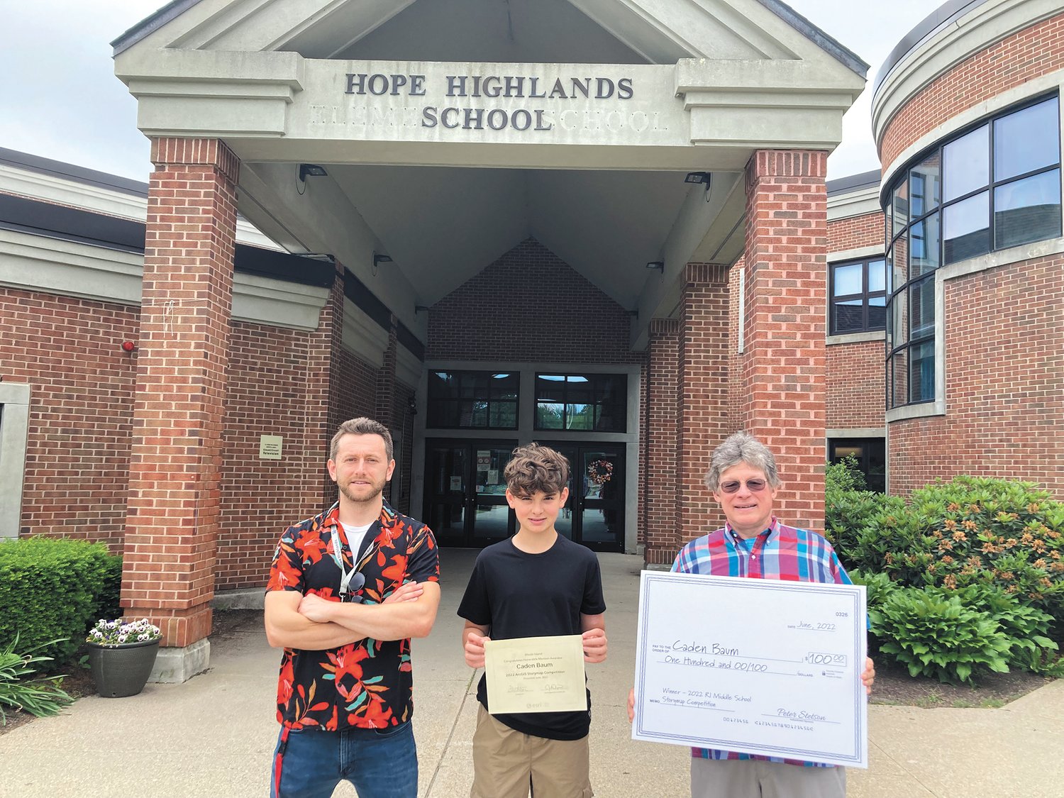 FIRST PLACE: Caden Baum received $100 for winning first place in the Environmental Systems Research Institute’s Aeronautical Reconnaissance Coverage Geographic Information System (ESRI ArcGIS) Mapping Competition; he donated the funds to the Rhode Island Blood Center. (Herald photo)