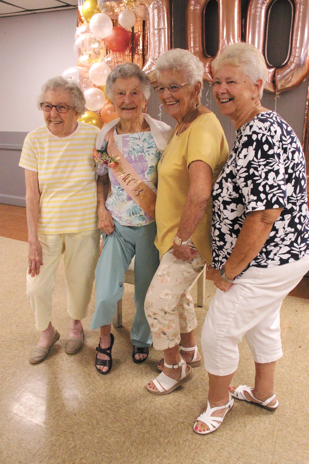 TAPPING: Betty, second from left, still does a bit of tap dancing with the Happy Hoofers, is joined by members of the group, Roseanna Gibson, who will be celebrating her 99th birthday in November, Mim Falon and Cheryl Young.