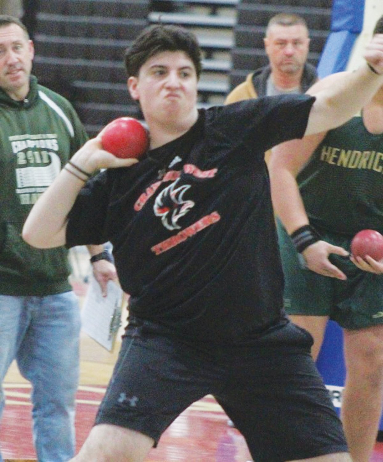 SHOT PUT: Cranston West’s George Grammas competes in the shot put competition for the Falcons. The West and East indoor track teams are getting ready for the upcoming division, class and state championships. (Photos by Alex Sponseller)
