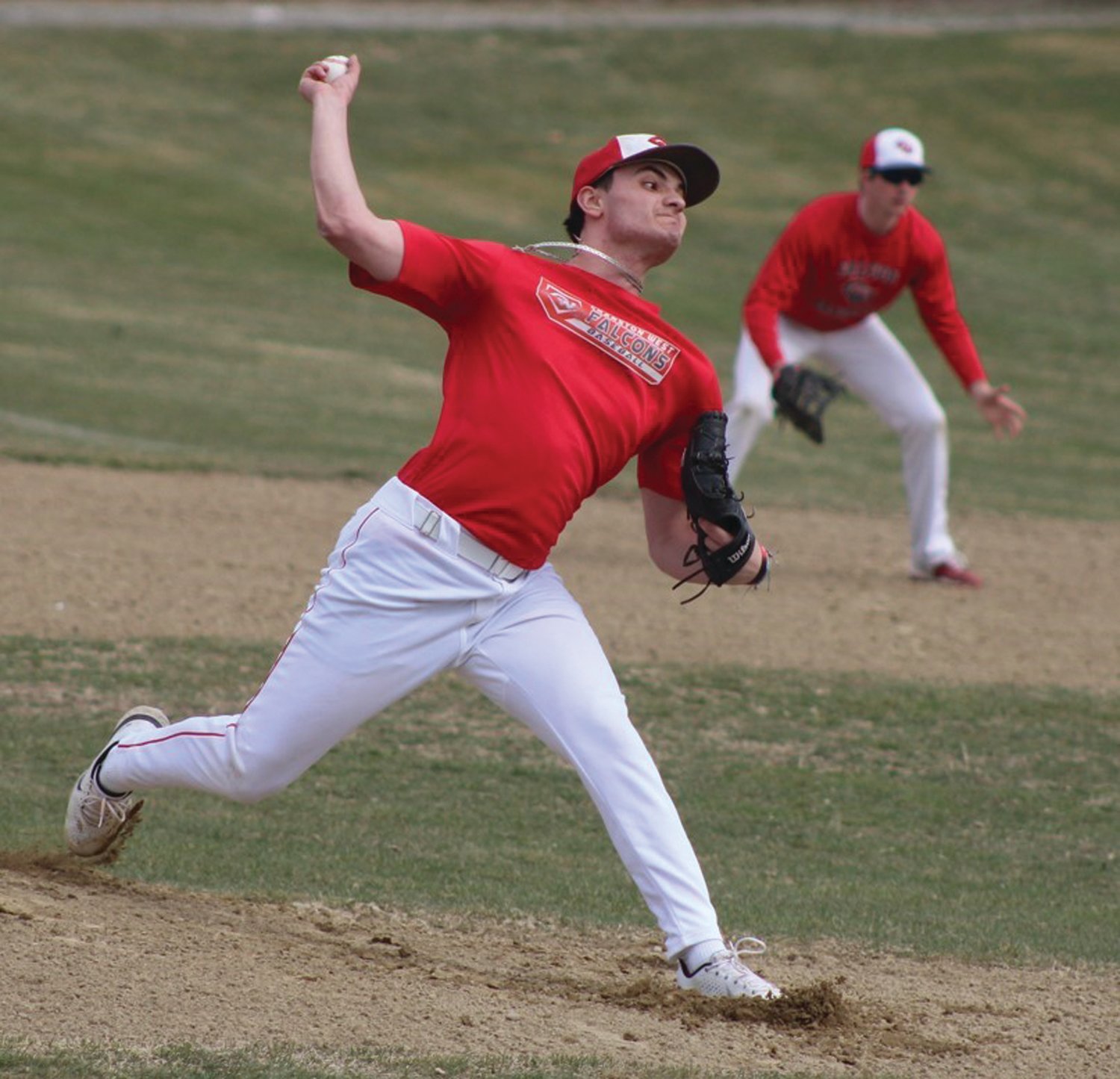 GETTING STARTED: Cranston West starting pitcher Luciano Leone delivers a pitch during a scrimmage on Monday afternoon at West. (Photos by Alex Sponseller)