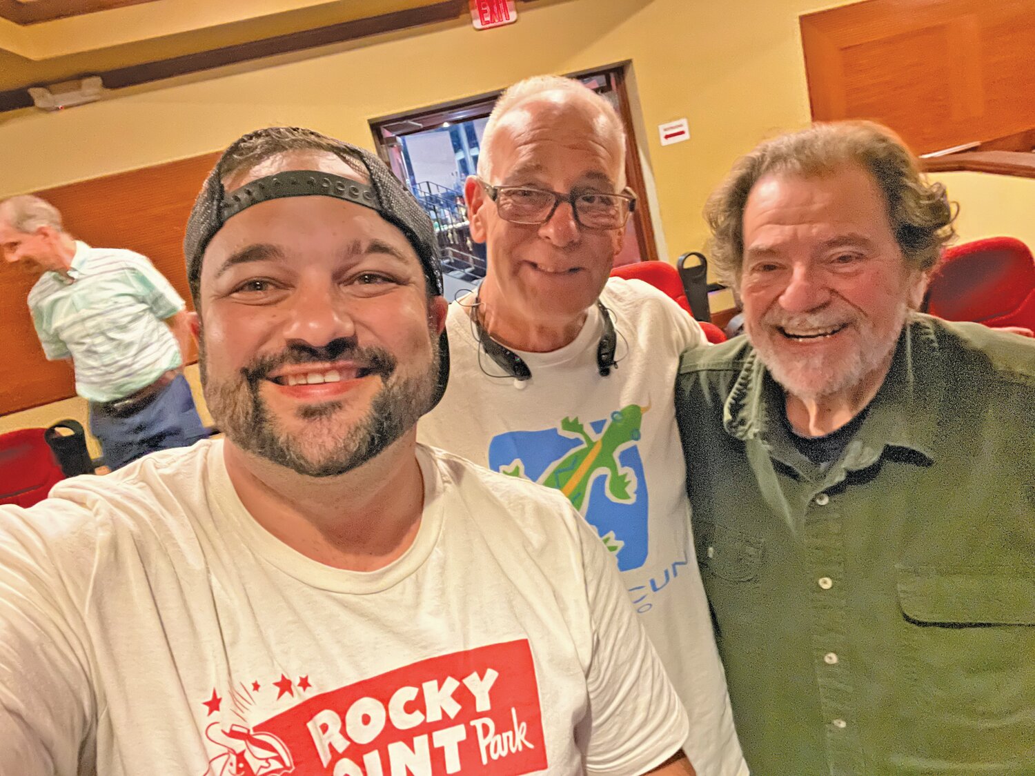 THEY BELIEVE IN DREAMS: Ed Brady, Dan Gauvin and Dennis Verduci (from Soundstage Productions) at the Park, celebrating Majesty the Queen on 9/9, which marked the theater's 99th anniversary.